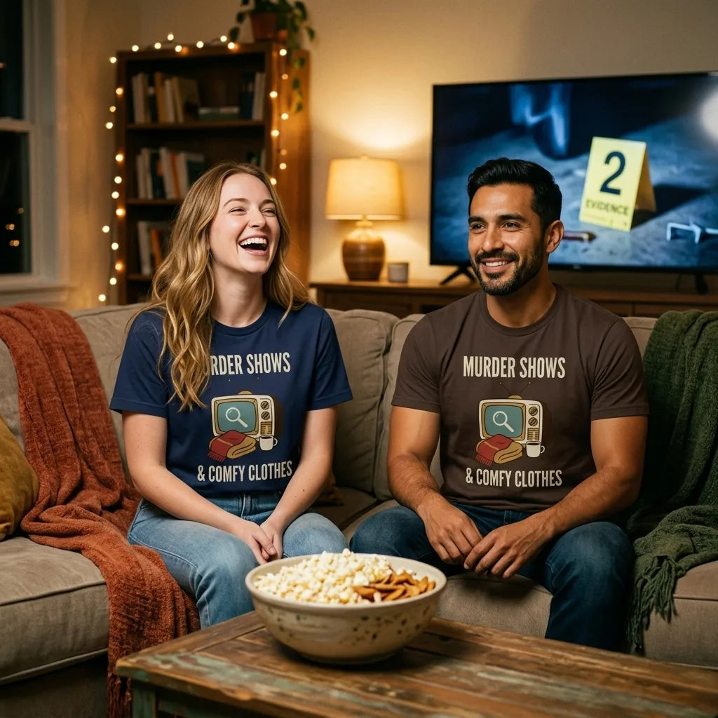 Murder Shows and Comfy Clothes cozy true crime tee — two friends watching a true crime documentary, Navy and Brown