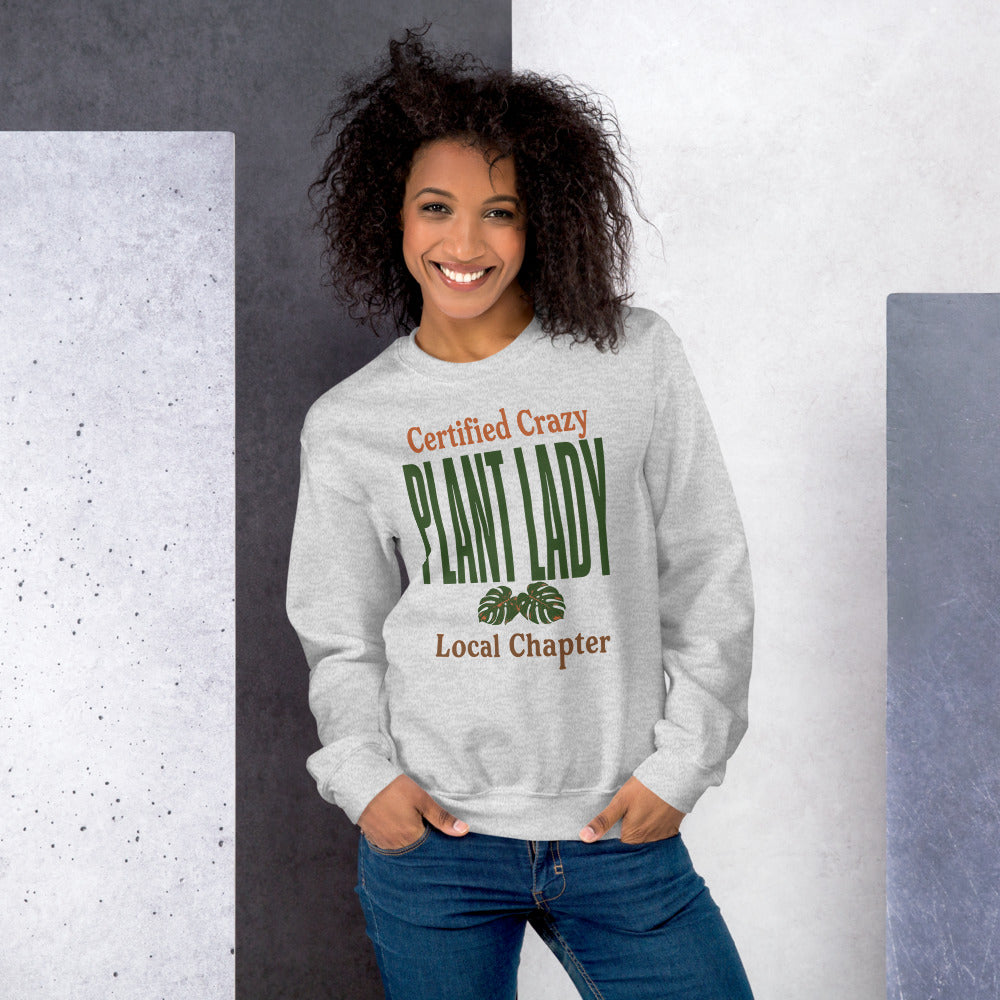 Certified Crazy Plant Lady retro botanical crewneck sweatshirt — Ash, on model