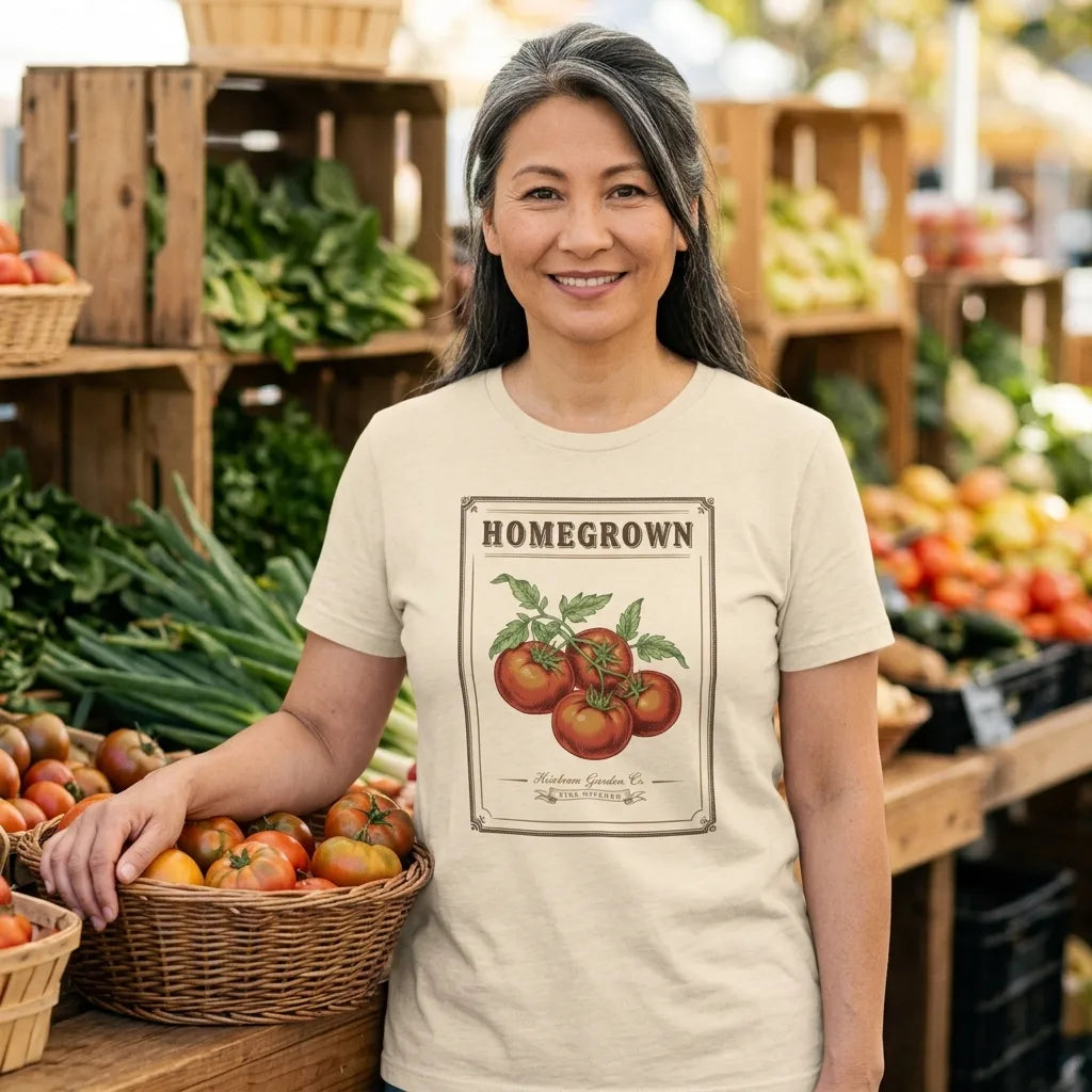 Homegrown Heirloom Seed Packet gardening tee — lifestyle