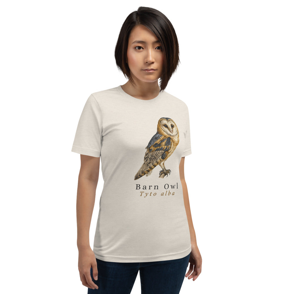 Barn Owl vintage field-guide tee — Heather Dust, on model