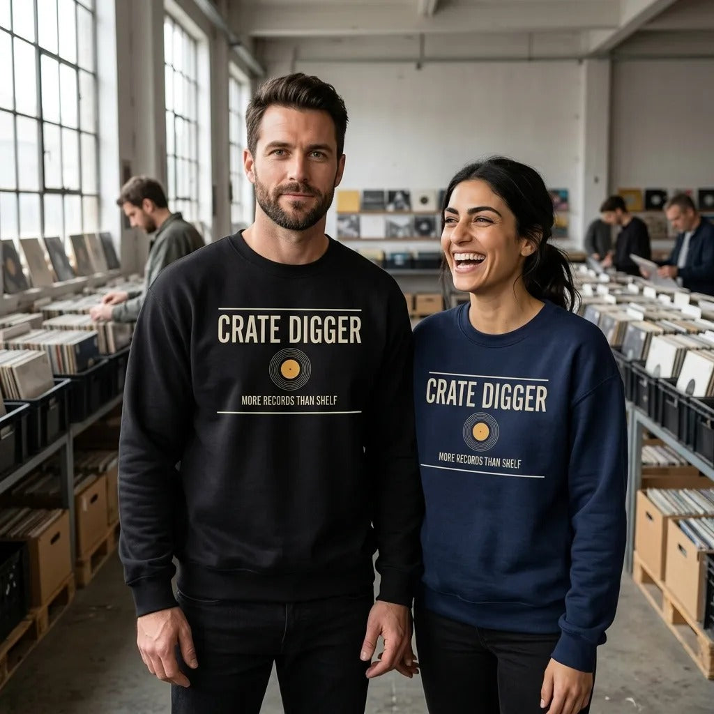 Crate Digger vinyl record crewneck sweatshirt — lifestyle