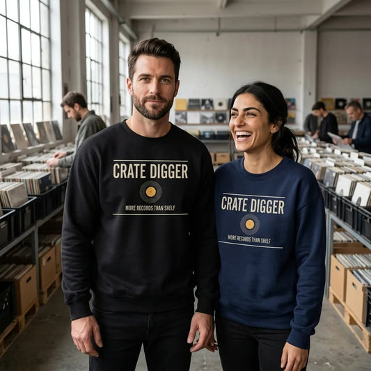 Crate Digger vinyl record crewneck sweatshirt — lifestyle