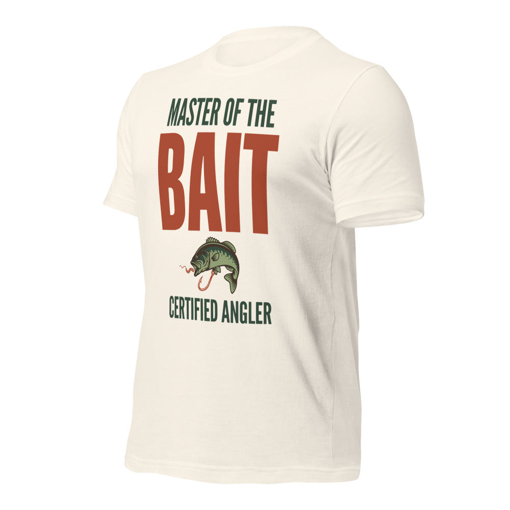 Master of the Bait retro fishing humor typography tee — Vintage White, front-right