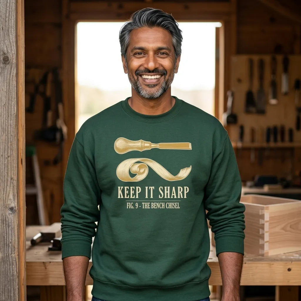 Keep It Sharp woodworking crewneck sweatshirt — lifestyle