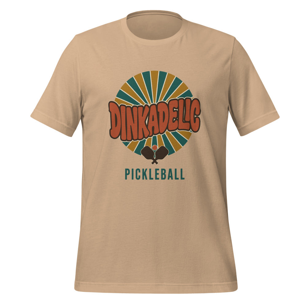 Dinkadelic retro 70s pickleball tee — Tan, front