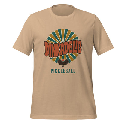 Dinkadelic retro 70s pickleball tee — Tan, front