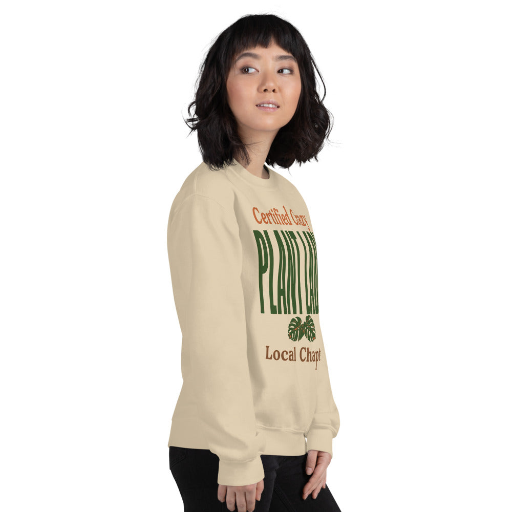 Certified Crazy Plant Lady retro botanical crewneck sweatshirt — Sand, on model