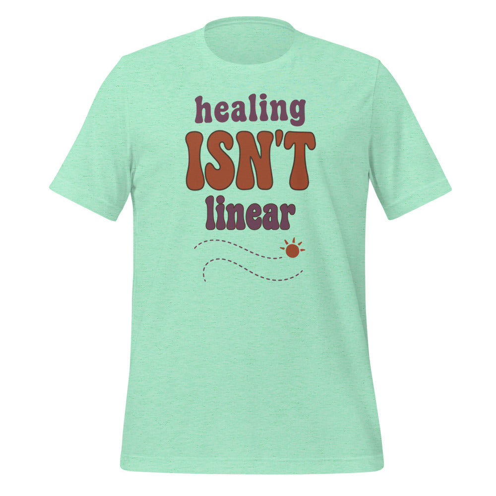 Healing Isn't Linear soft retro mental health tee — Heather Mint, front