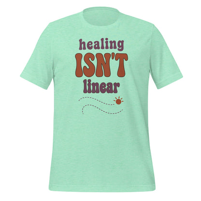 Healing Isn't Linear soft retro mental health tee — Heather Mint, front