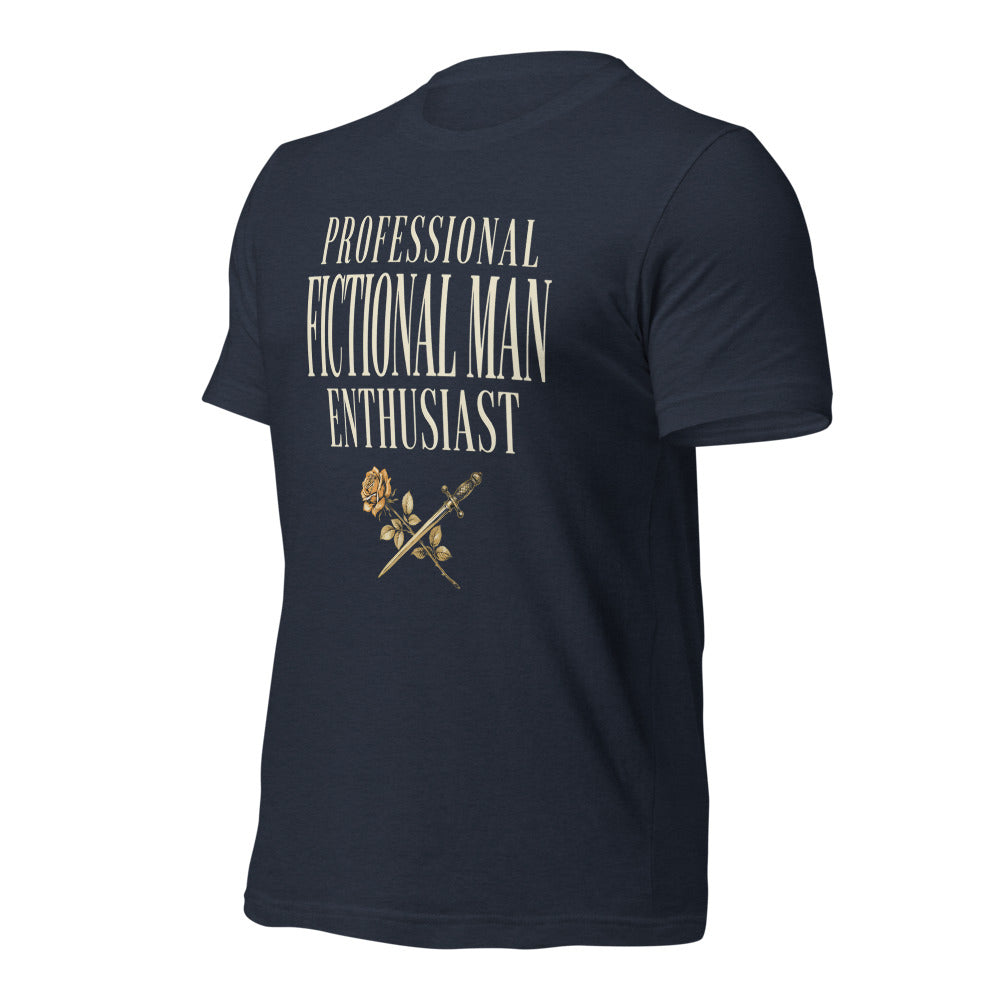 Professional Fictional Man Enthusiast book lover dark academia tee — Heather Navy, front-right