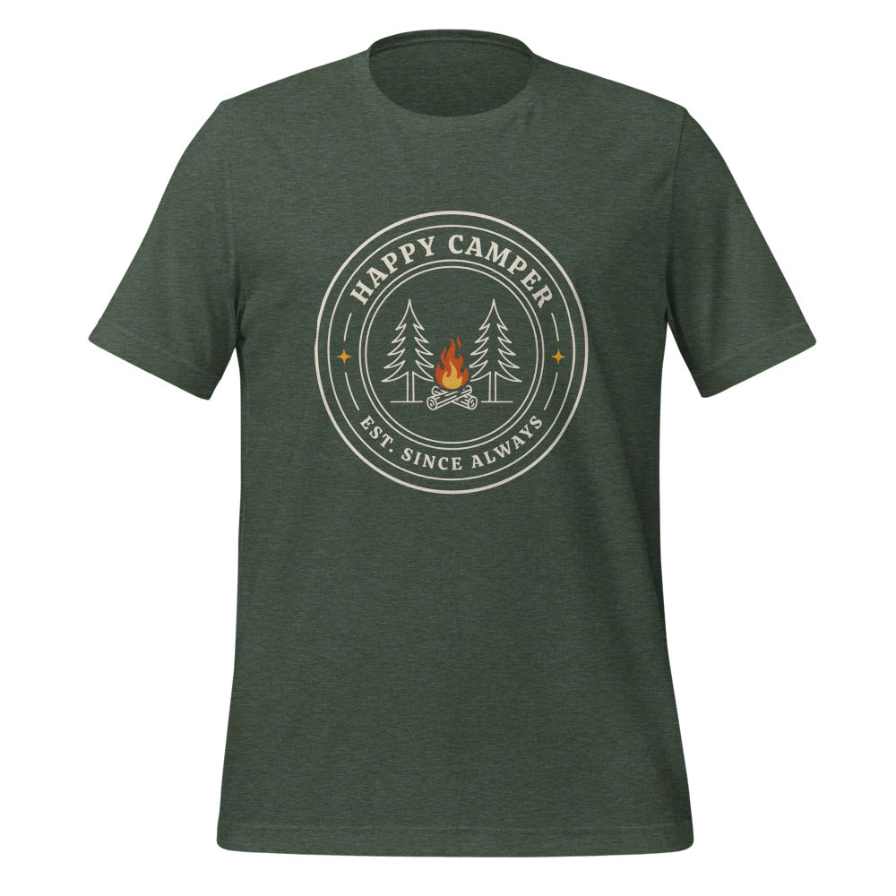 Happy Camper retro camp badge tee — Heather Forest, front