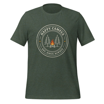 Happy Camper retro camp badge tee — Heather Forest, front