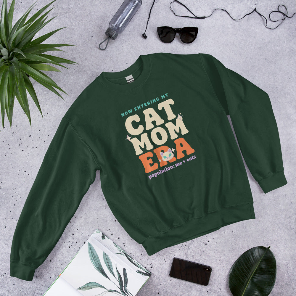 Cat Mom Era retro Y2K crewneck sweatshirt — Forest Green, front angled