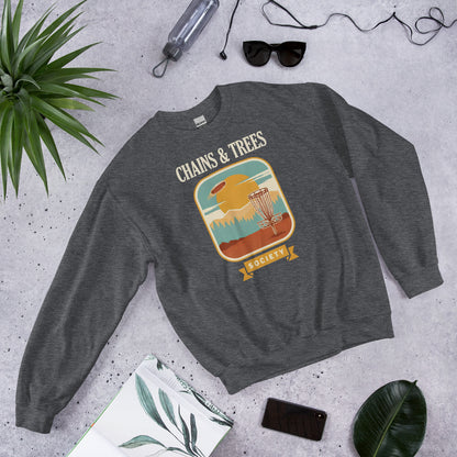 Chains & Trees Society disc golf retro landscape crewneck sweatshirt — Dark Heather, front-right