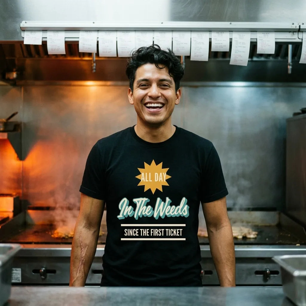 In The Weeds line cook retro diner service sign t-shirt — lifestyle