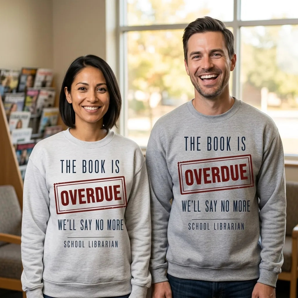 The Book Is Overdue funny school librarian crewneck sweatshirt — lifestyle