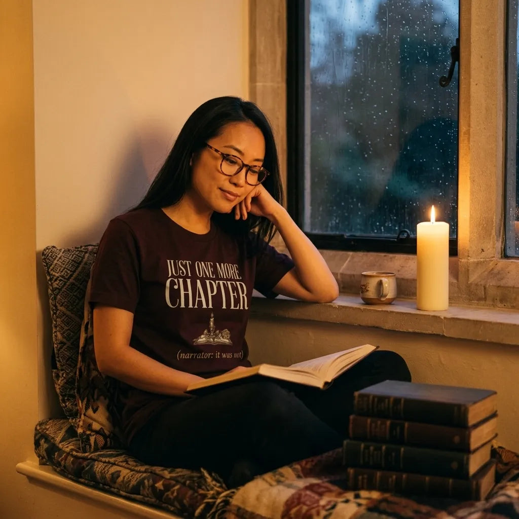 Just One More Chapter book lover dark academia tee — woman reading in a candlelit window nook, Oxblood Black