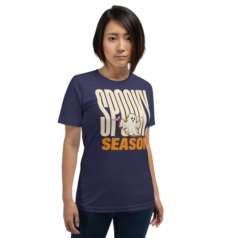 Spooky Season retro Halloween ghost typography tee — Heather Midnight Navy, on model