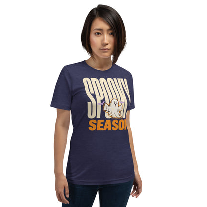 Spooky Season retro Halloween ghost typography tee — Heather Midnight Navy, on model