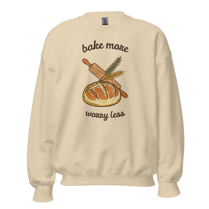 Bake More Worry Less retro kitchen sourdough crewneck sweatshirt — Sand, front