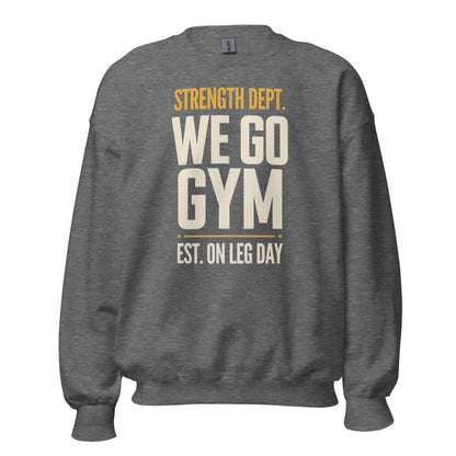 We Go Gym vintage athletic crewneck — Graphite Heather, front