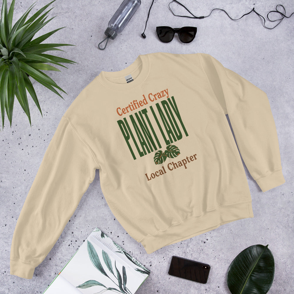 Certified Crazy Plant Lady retro botanical crewneck sweatshirt — Sand, flat lay front