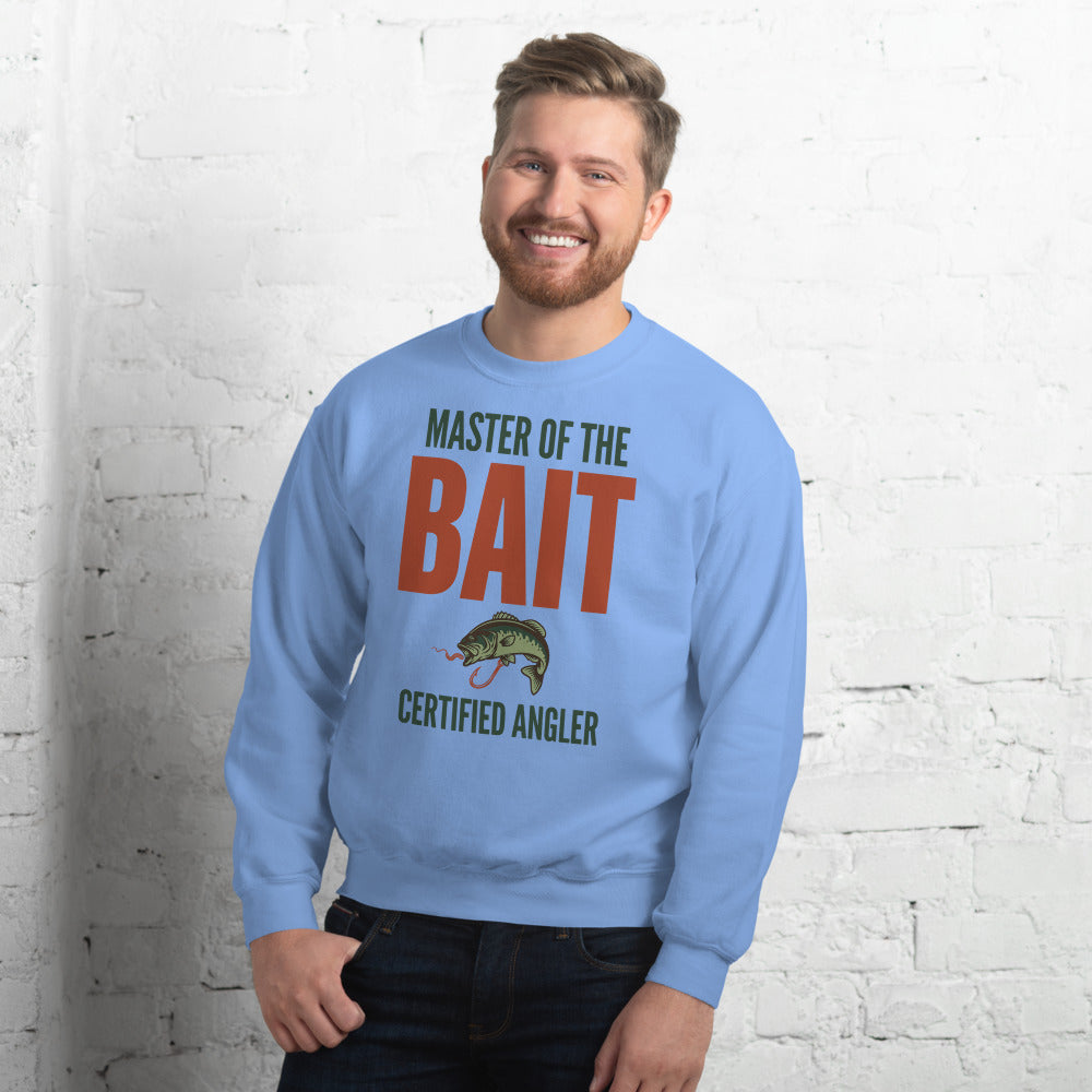 Model wearing Master of the Bait retro fishing humor crewneck sweatshirt — Carolina Blue