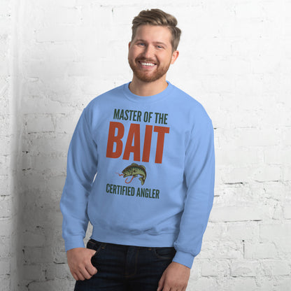 Model wearing Master of the Bait retro fishing humor crewneck sweatshirt — Carolina Blue