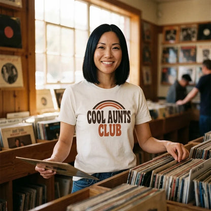Cool Aunts Club retro groovy aunt tee — lifestyle