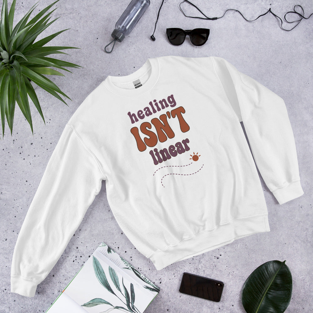 Healing Isn't Linear soft retro mental health crewneck sweatshirt — White, front angled