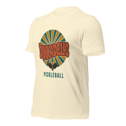 Dinkadelic retro 70s pickleball tee — Natural, front-right angle