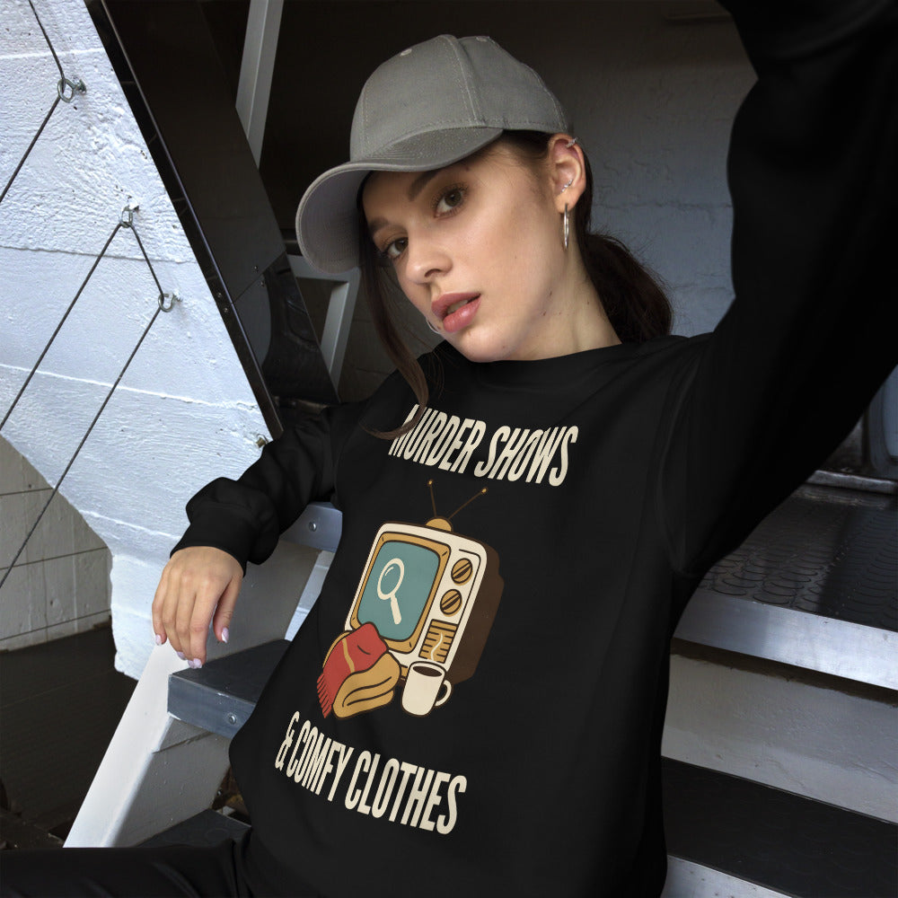 Murder Shows and Comfy Clothes cozy true crime crewneck sweatshirt — Black, on model