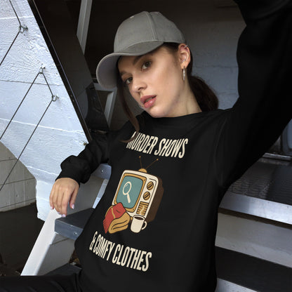 Murder Shows and Comfy Clothes cozy true crime crewneck sweatshirt — Black, on model