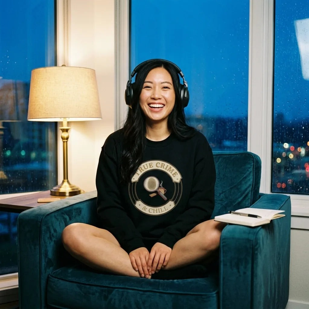 True Crime and Chill crewneck — woman in headphones by a rainy window at dusk, black sweatshirt