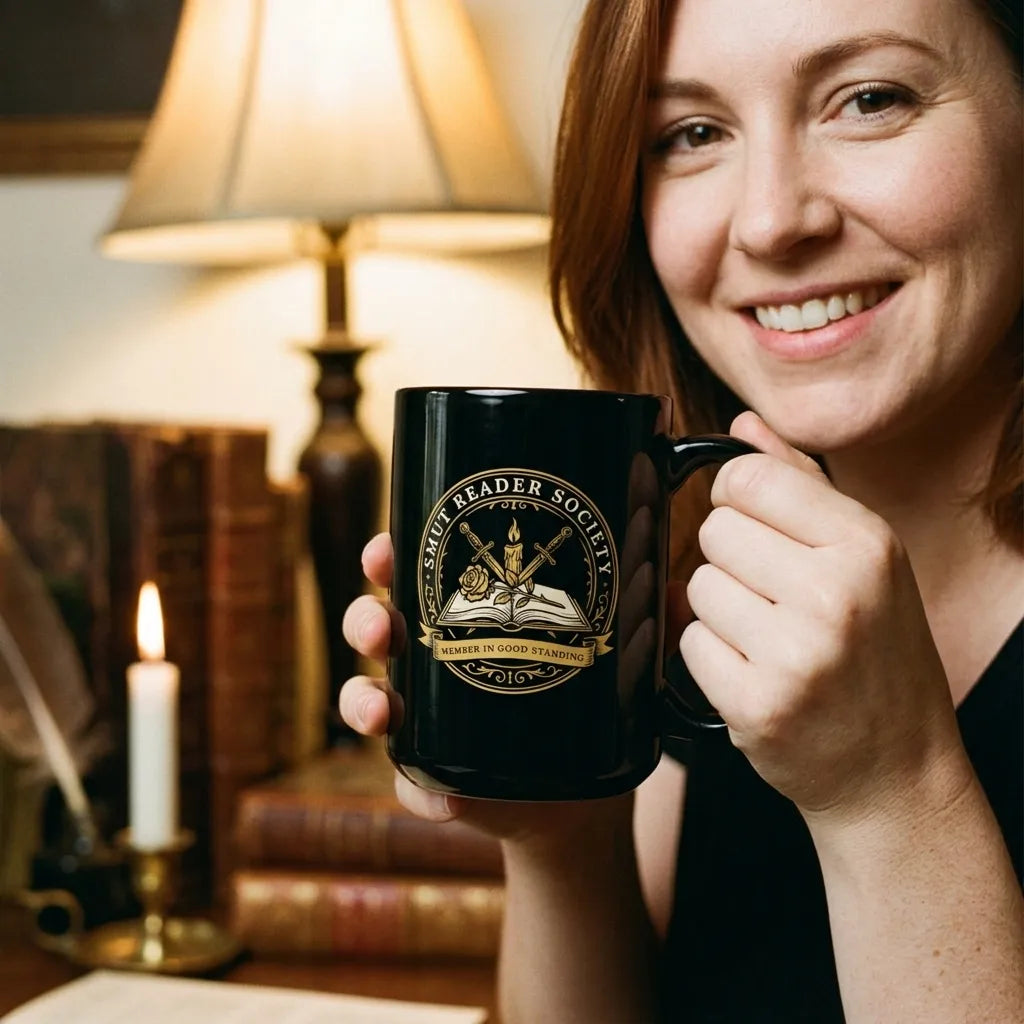 Smut Reader Society romantasy black ceramic mug — lifestyle