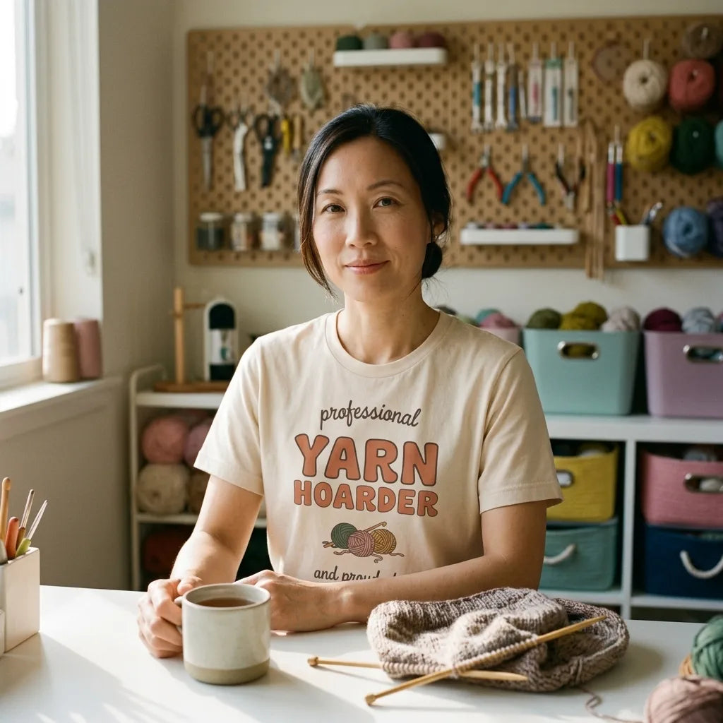 East Asian woman in a craft studio wearing the Professional Yarn Hoarder crochet tee in Soft Cream
