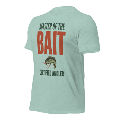 Master of the Bait retro fishing humor typography tee — Heather Prism Dusty Blue, front-right