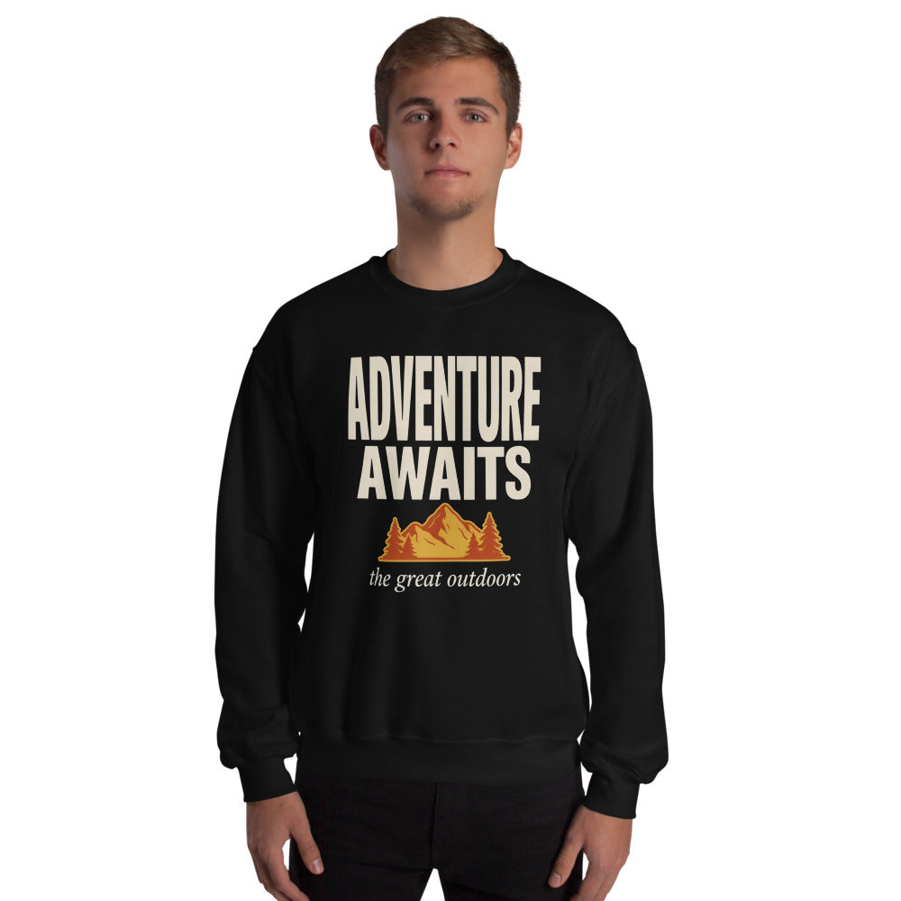 Adventure Awaits retro outdoors typography crewneck sweatshirt — Black, worn by model