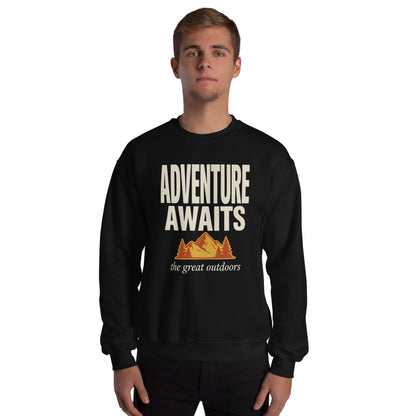 Adventure Awaits retro outdoors typography crewneck sweatshirt — Black, worn by model