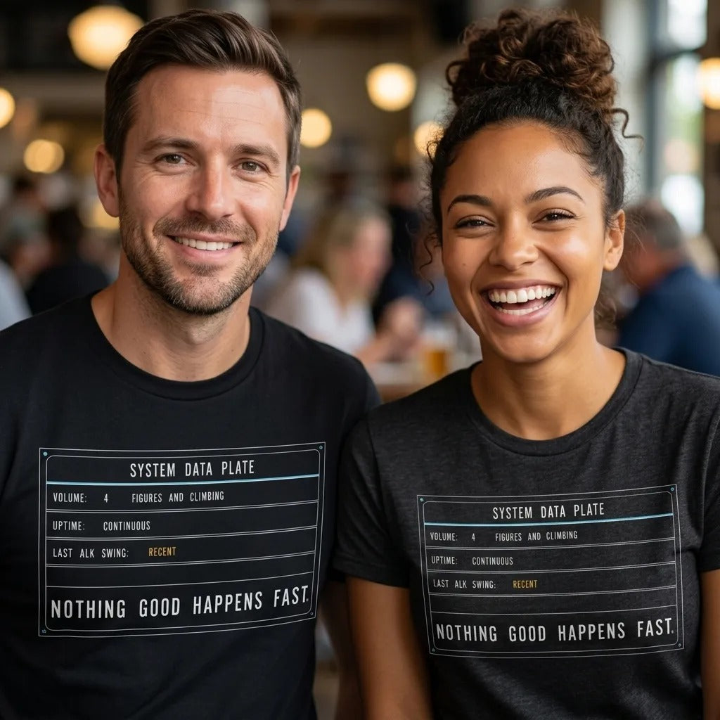 Nothing Good Happens Fast reef system data plate saltwater aquarium t-shirt — lifestyle