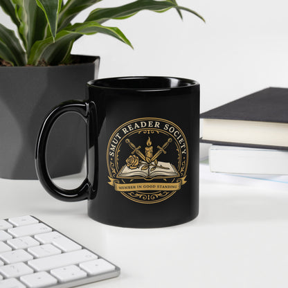 Smut Reader Society romantasy black ceramic mug — 11 oz, handle on the left