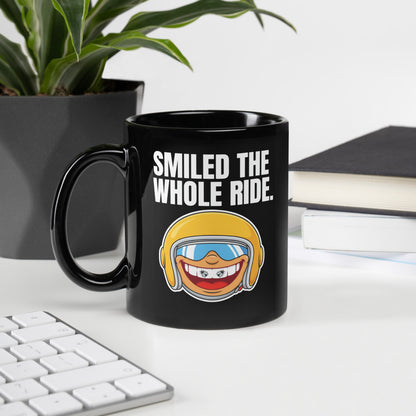 Smiled The Whole Ride funny motorcycle mug — 11 oz, handle on the left