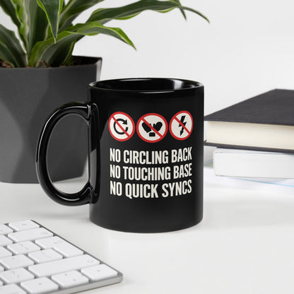 No Circling Back corporate jargon prohibition signs mug — 11 oz, handle on the left