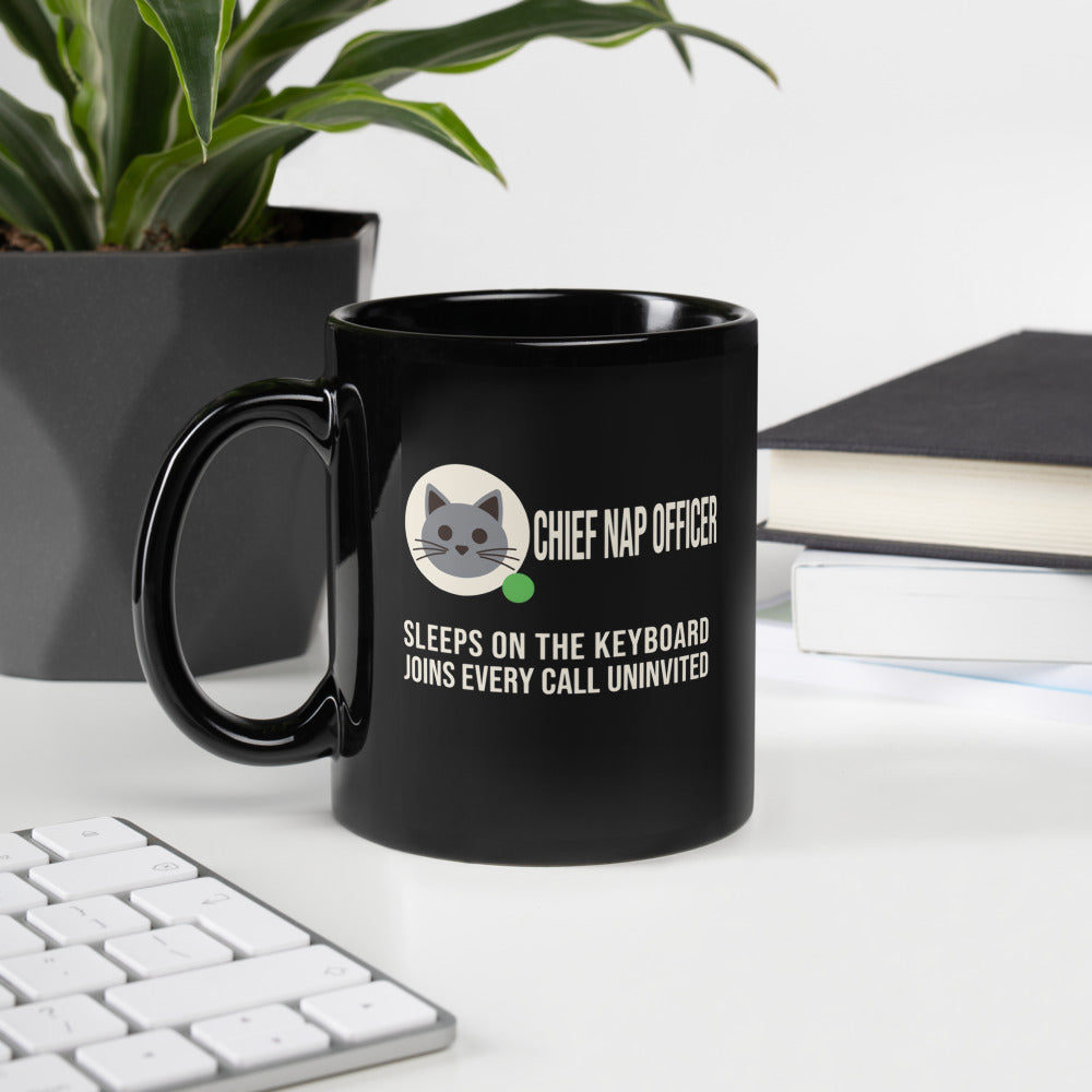 Chief Nap Officer cat profile card mug — 11 oz, handle on the left