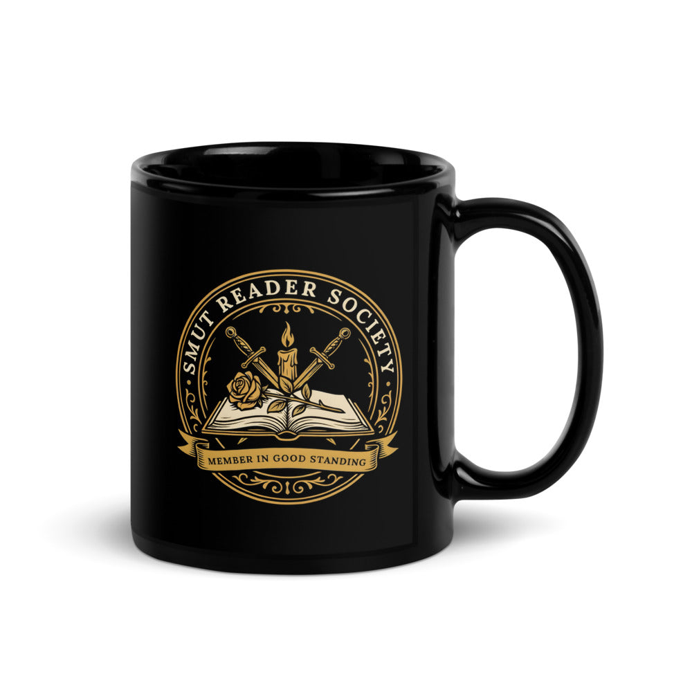 Smut Reader Society romantasy black ceramic mug — 11 oz, handle on the right
