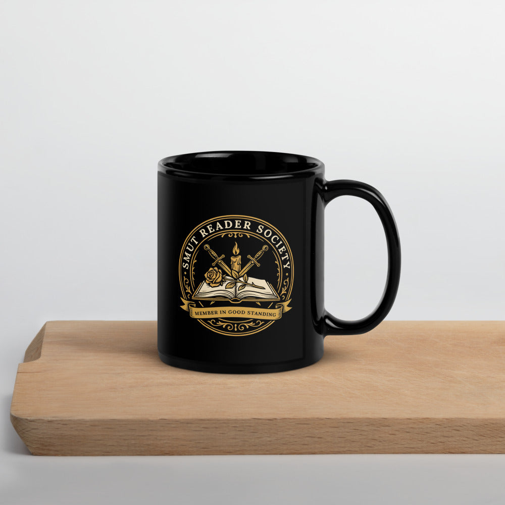 Smut Reader Society romantasy black ceramic mug — 11 oz, front