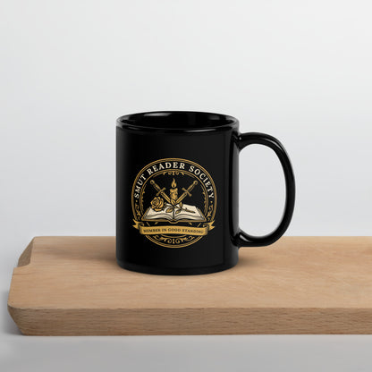 Smut Reader Society romantasy black ceramic mug — 11 oz, front