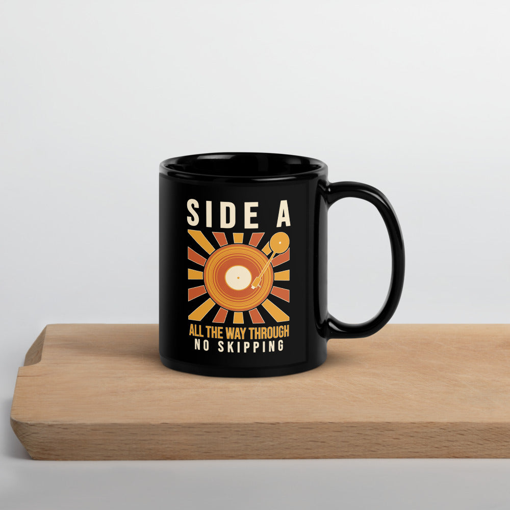 Side A No Skipping vinyl record mug — 11 oz, front
