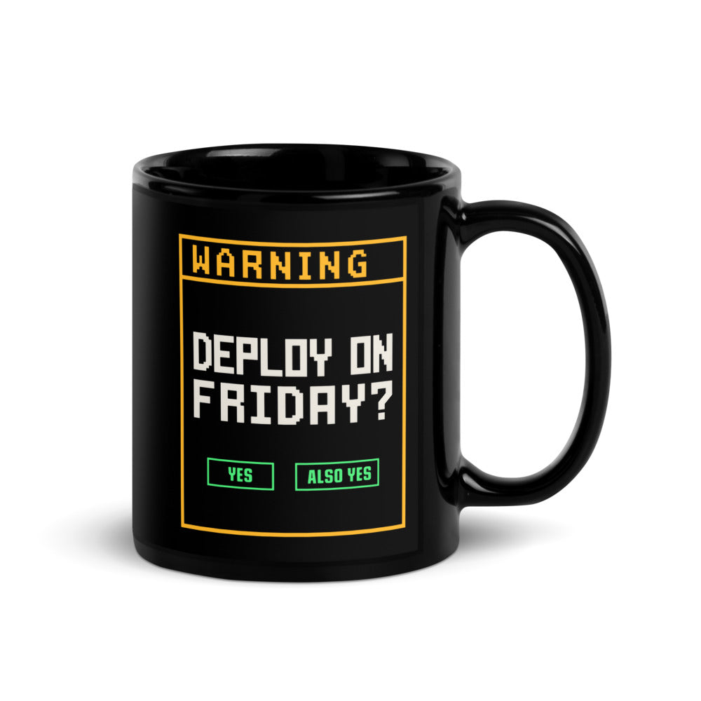 Deploy On Friday programmer mug — 11 oz, handle on the right