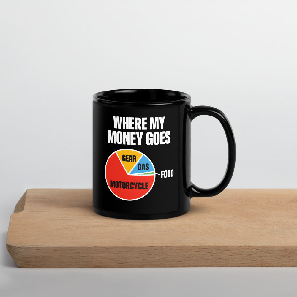 Where My Money Goes funny motorcycle mug — 11 oz, front